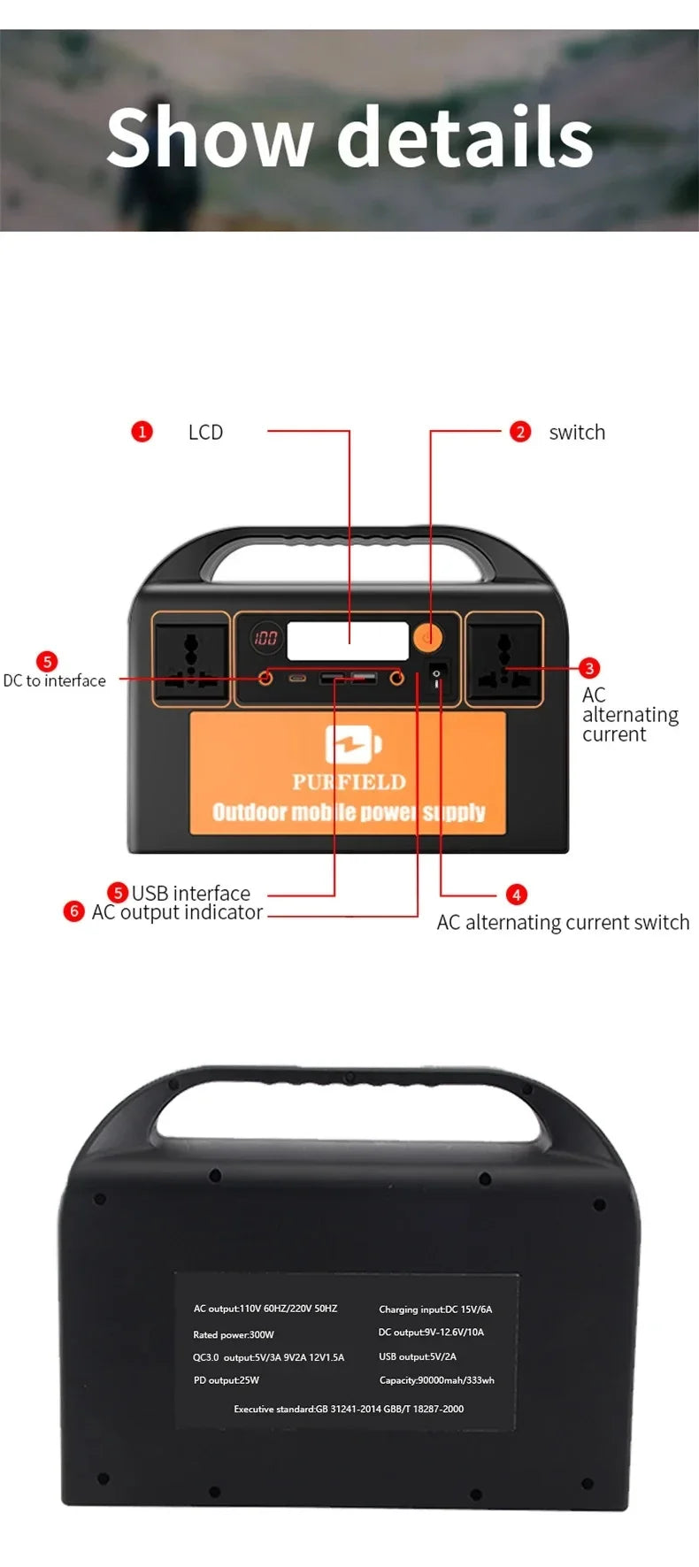 300W 90000mAh Emergency Power Supply 110V/220V AC Portable Power Station for home car refrigerator