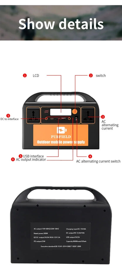 300W 90000mAh Emergency Power Supply 110V/220V AC Portable Power Station for home car refrigerator