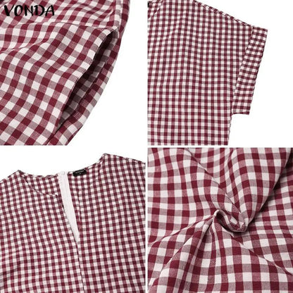 VONDA Women Plus Size Jumpsuits Fashion Summer Short Sleeve Tops Wide Leg Pants OL Work Playsuits Plaid Overalls Streetwear