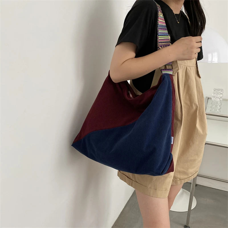 Women Luxury Corduroy Shoulder Bag Large Handbag Big Casual Tote Canvas Lining Solid Cloth Purse Zipper Crossbody Messenger Bags