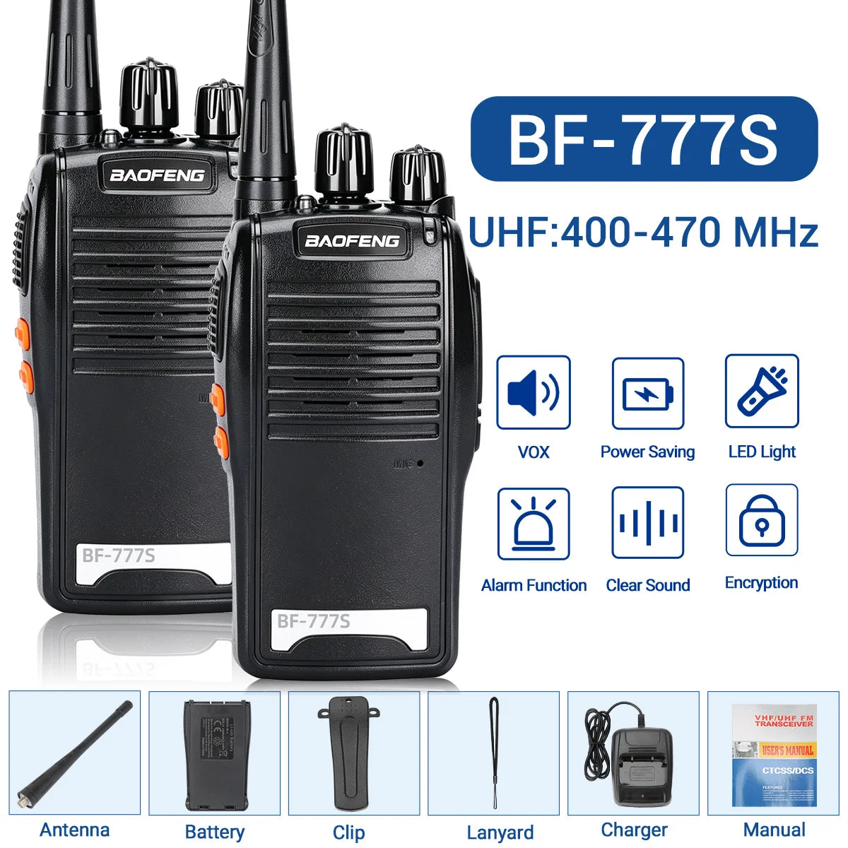 Baofeng BF-777S 5W UHF 400-470MHz Walkie Talkie 16CH 1500mAh Lithium Battery Long Range Two Way Radio for Construction Hotel