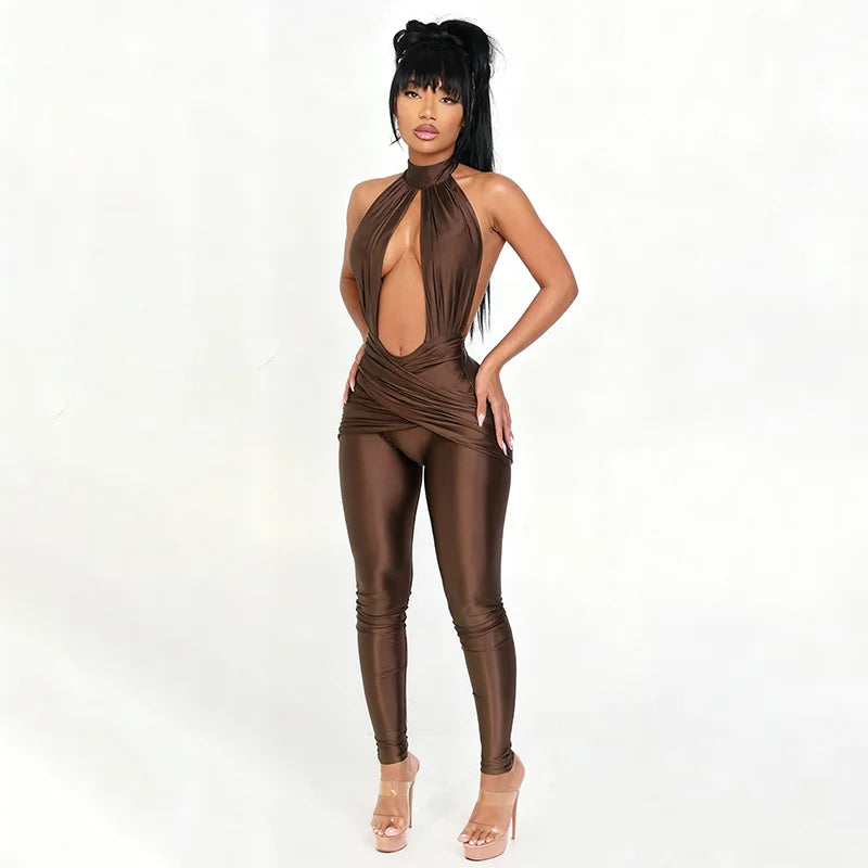 Halter Backless Jumpsuit Woman Sexy Hollow Fit Patchwork Waist Ruched Midnight Activity Workout Streetwear Overalls