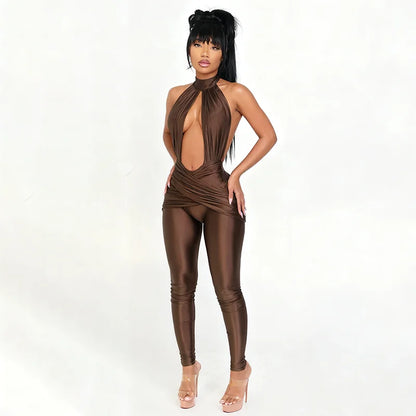 Halter Backless Jumpsuit Woman Sexy Hollow Fit Patchwork Waist Ruched Midnight Activity Workout Streetwear Overalls