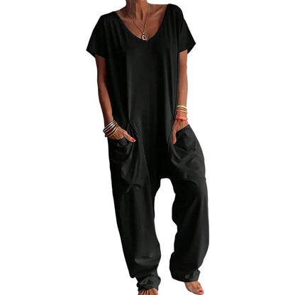 Women Summer Solid V Neck Jumpsuit European Hot Oversized Pockets Low Crotch Loose Rompers Ladies Casual Daily Outfit