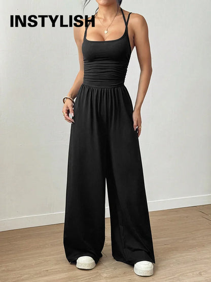 Women Halter Spaghetti Strap Jumpsuits Summer Casual Elastic High Waist Backless Wide Leg Long Pants Romper Club Party Overalls