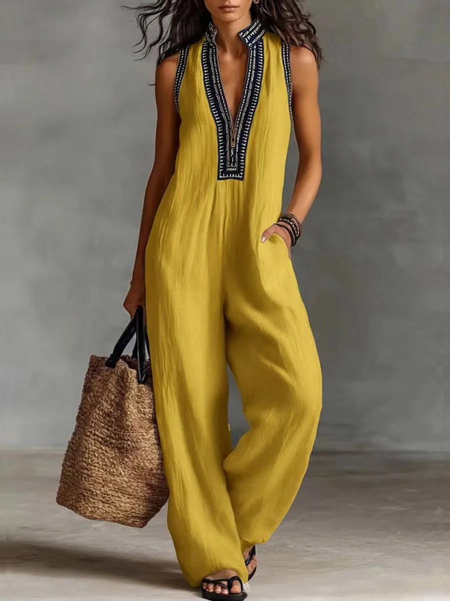 Sexy Deep V Neck Hollow Women's Jumpsuits Vintage Printed High Waist Slim Office Romper Spring Summer Sleeveless Pocket