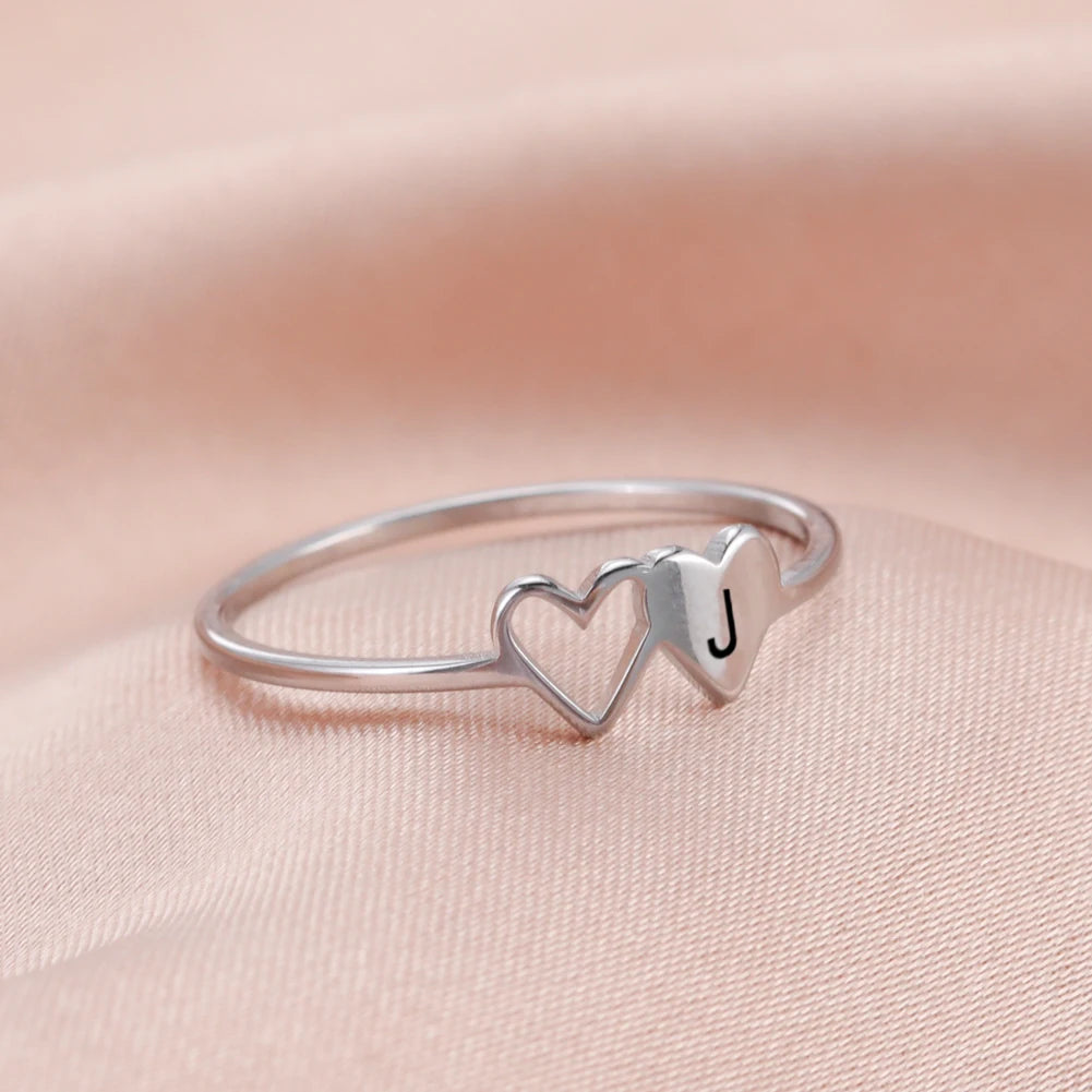 COOLTIME Initial Letter Ring for Women Stainless Steel A-Z Alphabet Double Heart Rings Simple Wedding Cheap Gift For Lover