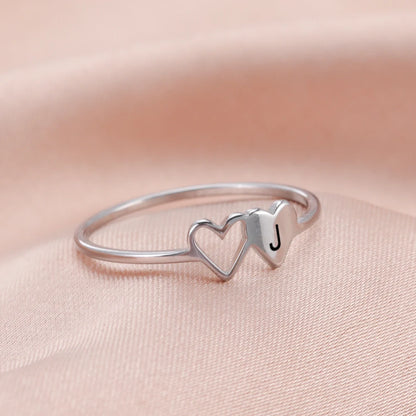 COOLTIME Initial Letter Ring for Women Stainless Steel A-Z Alphabet Double Heart Rings Simple Wedding Cheap Gift For Lover