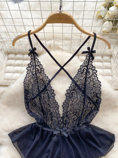 Women Floral Lace Mesh Strappy Bodysuit Fashion Hollow Sexy Comfortable Catsuit One Piece Tights Transparent Onesie