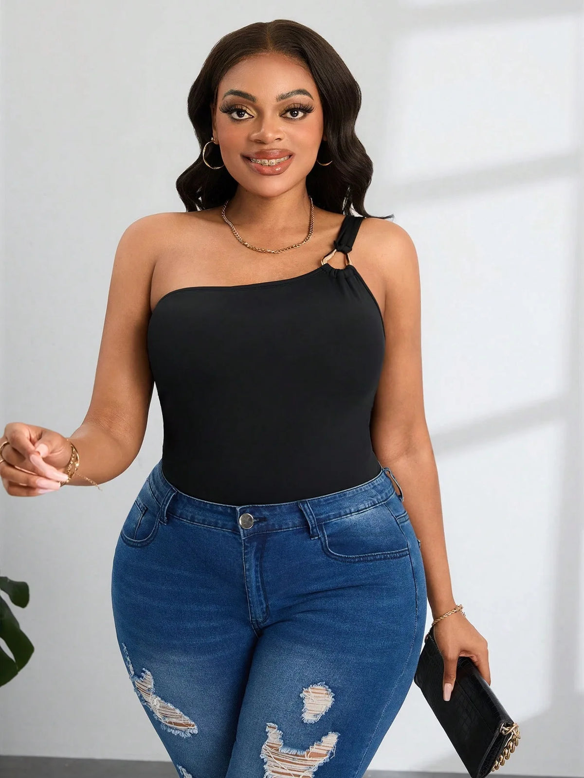 Plus-Size Women's Jumpsuit Sexy One-Shoulder Gold Ring Detail Solid Color Waist-Defining Pants Slimming Shaping One-Piece