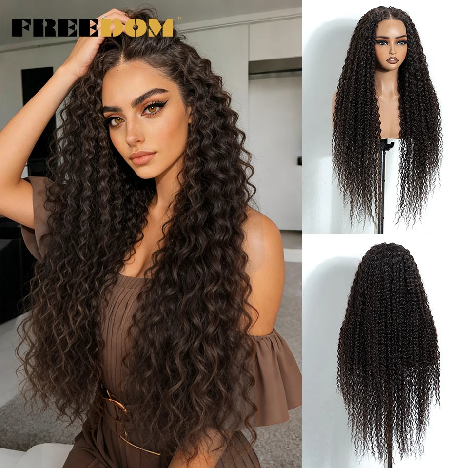 FREEDOM Synthetic Lace Front Wigs For Women 6x4 Pre-cut 32 Inch Long Curly Lace Wig Pre-plucked Ombre Brown Blonde Glueless Wigs