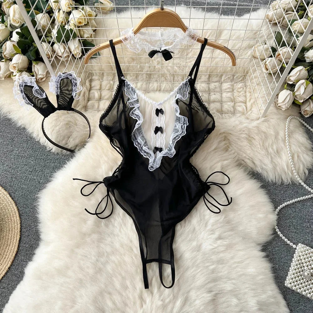 Cute Sweet Trend Cartoon Printed Jumpsuit Half High Collar Sleeveless Slim Fit Lingerie Bodycon Bodysuit Rompers Pajama Catsuits