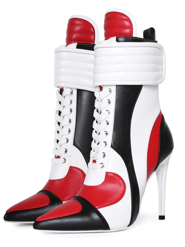 Women's Music Festival Color Blocked Pointed Sports Style Stiletto High Heels Short Boots Fashion Large 44 Women's Short Boots