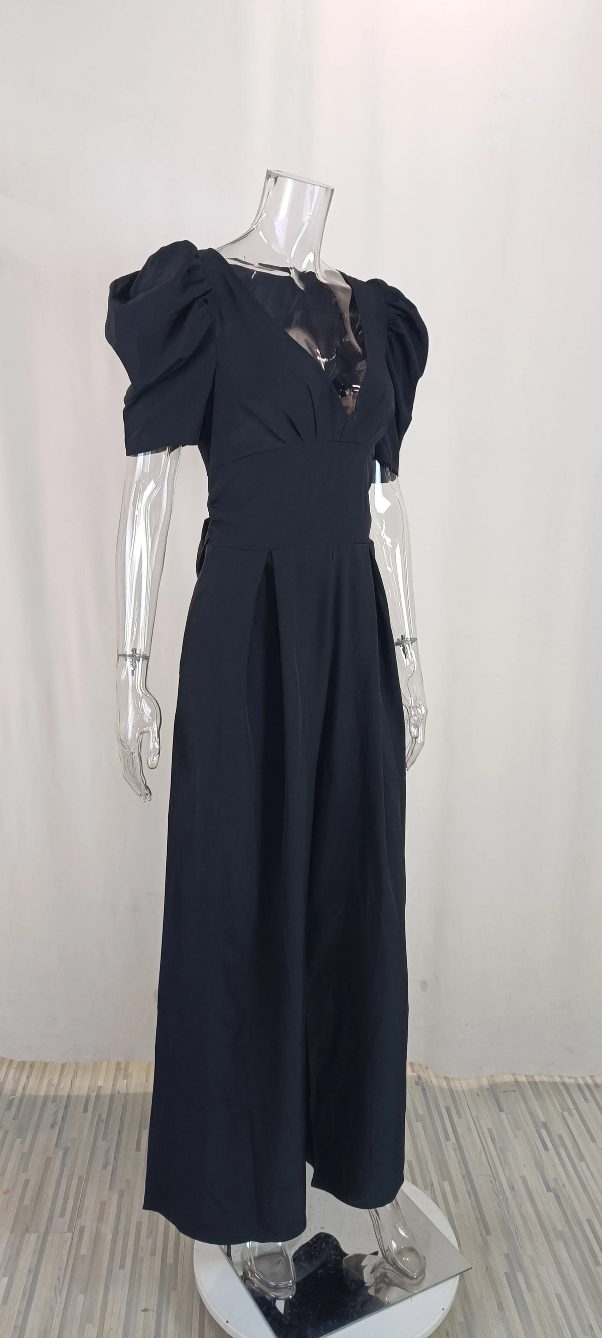 Summer Women's Slim Short Puff Sleeve V-neck Wide Leg Long Jumpsuit Elegant High Waist Ruched  Pocketed Solid color jumpsuits