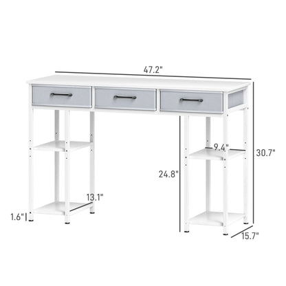 47" Computer Desk with 3 Fabric Drawers, Home Office Desk with Adjustable Shelves, Small Writing Desk with Storage, White