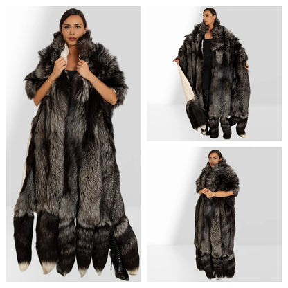 Unisex Double Face Silver Fox & White Rex Boa-Cape With Tails Real Fur Scarf Long Hot Selling Warm Natural Fur Scarf