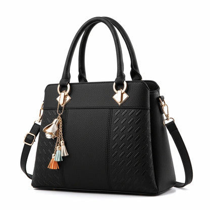 Casual PU Leather Shoulder Bags with Pendant Solid Color Ladies Handbags Large Capacity Embossed Crossbody Bag