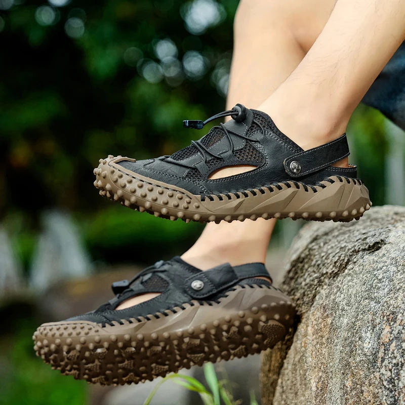 Mens Sandals Summer Outdoor Casual Mesh Hollow Walk Fishing Wading Shoes Lightweight Non Slip Hand Sewn Beach Slippers Man