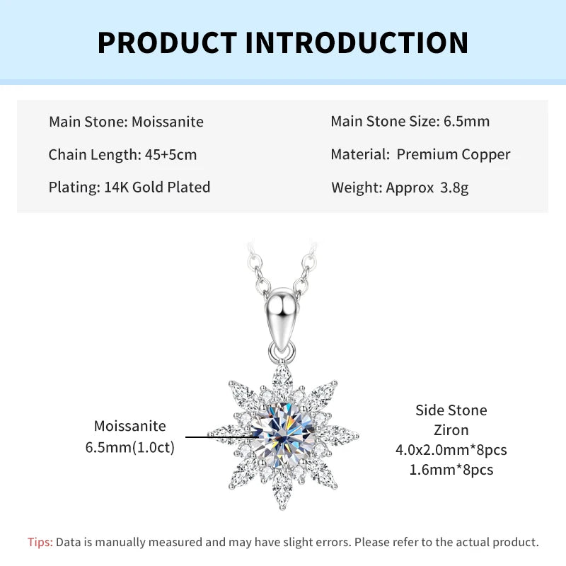 Rrjzz 1CT 6.5MM Moissanite Necklace for Women D Color Round Cut Lab Imitation Diamond 14K Gold Plated Pendant Necklace Jewelry