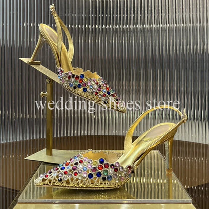 Handmade Metal Wire Braid Rhinestone Stiletto Glitter Crystal Sandals Pointed Sandals Wedding Luxury High Heel Party Women Shoes