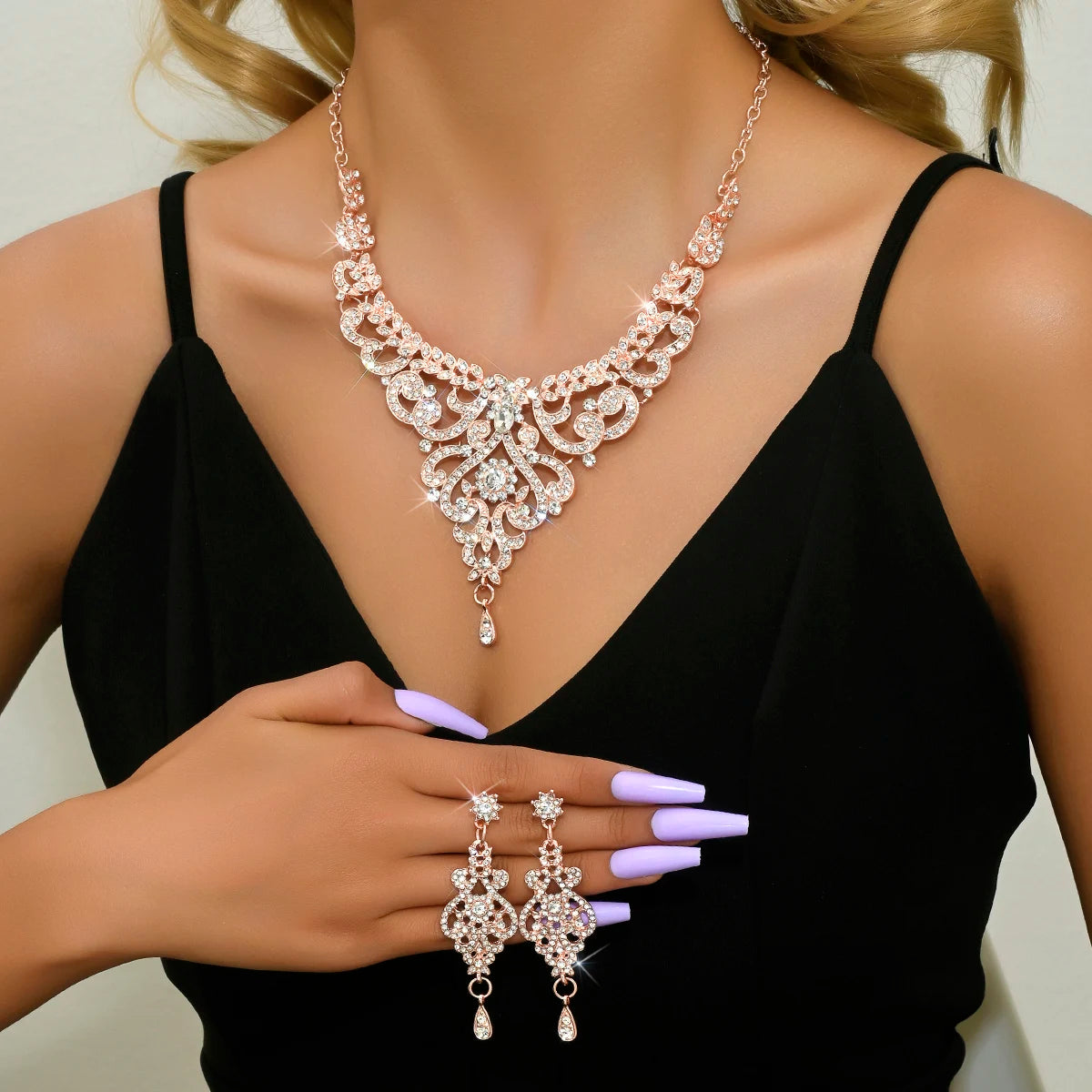 Design Sense Palace Style Jewelry Set, High-End Luxury Rhinestone Inlaid Women's Jewelry Accessories