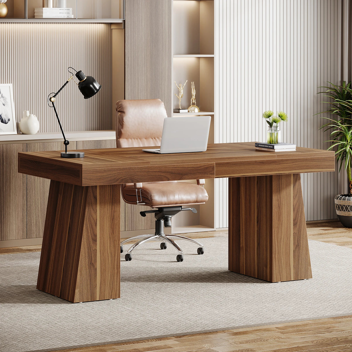 Tribesigns 55-Inch Executive Desk, Large Wood Office Computer Desk with Double Pedestal, Modern Minimalist Workstations
