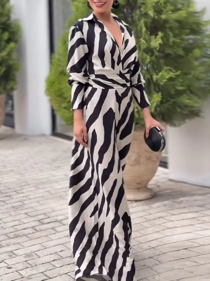 UOOZEE 2026 New Zebra Printed Lapel Jumpsuits For Women Long Sleeves High Waisted Wide Leg Urban Casual Office Commute Overalls