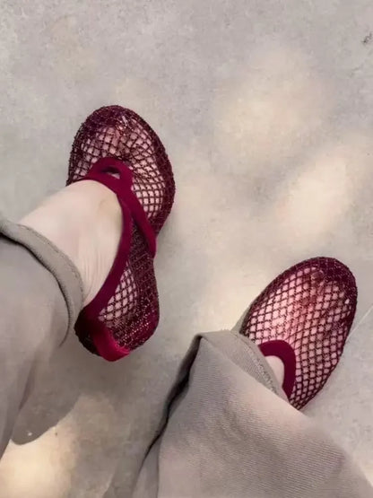 2026 New Model~ Fishnet Rhinestone Ballet Flat Mary Jane Women's Shoes with Hollowed-Out Strap