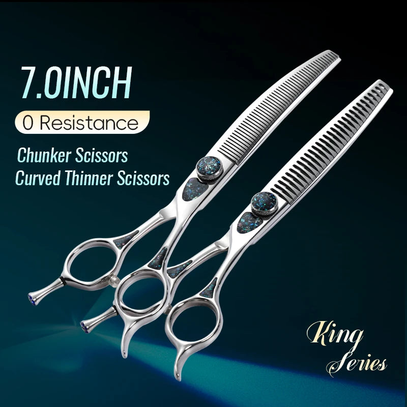 Fenice King Series 7/7.5Inch VG10 Shell Bearing Screws Dog Trimming Grooming Straight Curved Thinner Chunker Pet Scissors Tools