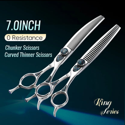 Fenice King Series 7/7.5Inch VG10 Shell Bearing Screws Dog Trimming Grooming Straight Curved Thinner Chunker Pet Scissors Tools