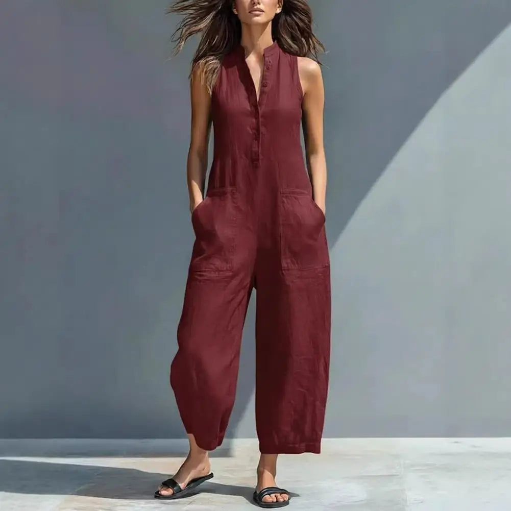 Women's Summer Sleeveless Jumpsuit Button Up Stand Collar Loose One Piece Overalls Wide Leg Long Pants Rompers with Pockets