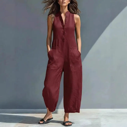 Women's Summer Sleeveless Jumpsuit Button Up Stand Collar Loose One Piece Overalls Wide Leg Long Pants Rompers with Pockets