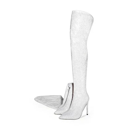 Silver Black Rhinestone 12cm High Heel Long Boots New Fashion Show Shiny Diamond Pointed Women's Over The Knee Boots Size 34-46