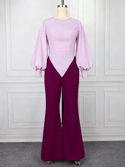 Fashion Color Block Two Piece Set Women Long Lantern Sleeve Asymmetrical Top Wide Leg Pants Suit Elegant Party Causal Outfit