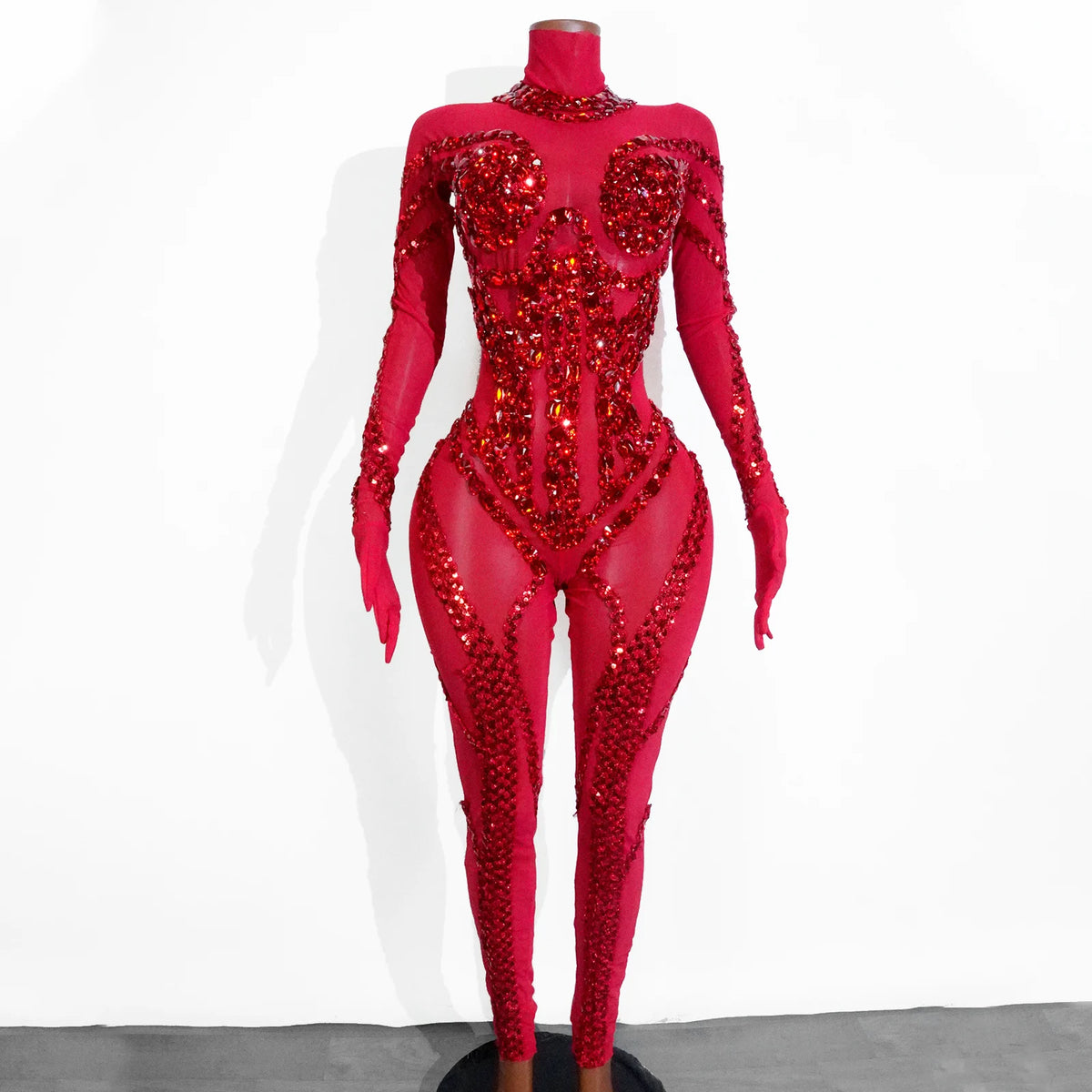 Sexy See-through Glitter Red Crystal Fringe Bodysuit High Elasticity Drag Queen Costume Festivals Outfit NightClub Dance Outfits