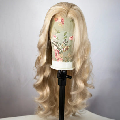 Honey Blonde Long Wavy Synthetic Lace Front Wig for Women Free Part Loose Curly Hair Heat Resistant Fiber Wigs for Daily Party