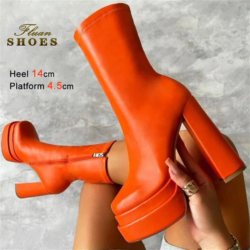 Foreign Trade Women's Shoes Fashion Super High Heels Platform Short Boots New Chunky Heel Mid-calf Boots Casual Ankle Boots CD