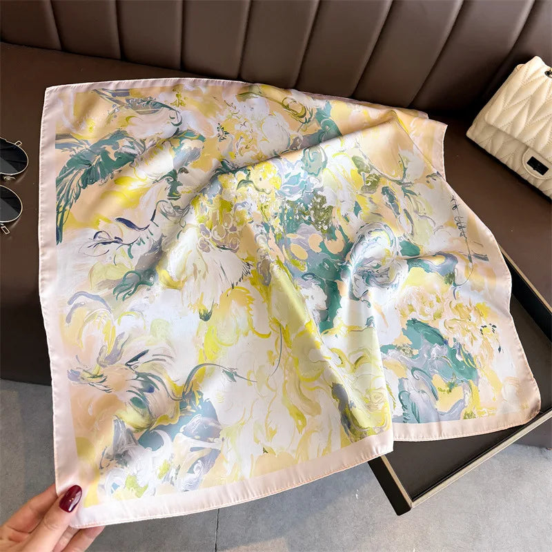 70cm Silk Square Scarf for Women Elegant Printed Neckerchief Sunscreen Shawl Headscarf for Office Commute Bandana and Bag Ribbon