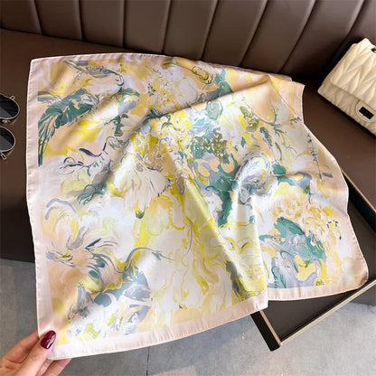 70cm Silk Square Scarf for Women Elegant Printed Neckerchief Sunscreen Shawl Headscarf for Office Commute Bandana and Bag Ribbon