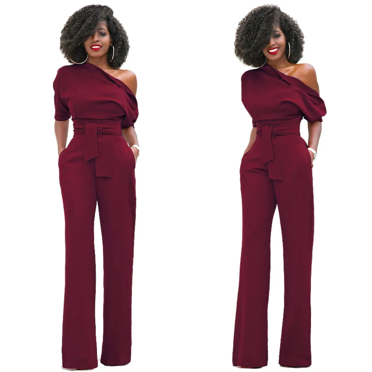 2024 Summer New Fashion Women's Jumpsuit Solid Color Slanted Shoulder Elegant Temperament Sleeveless Long Wide Leg Jumpsuit