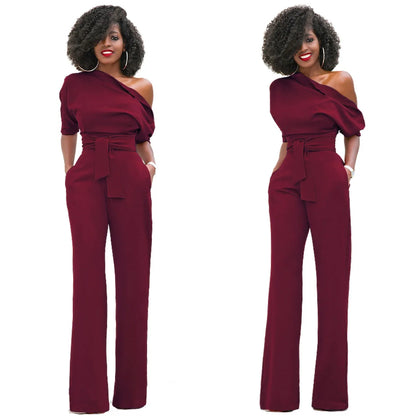 2024 Summer New Fashion Women's Jumpsuit Solid Color Slanted Shoulder Elegant Temperament Sleeveless Long Wide Leg Jumpsuit