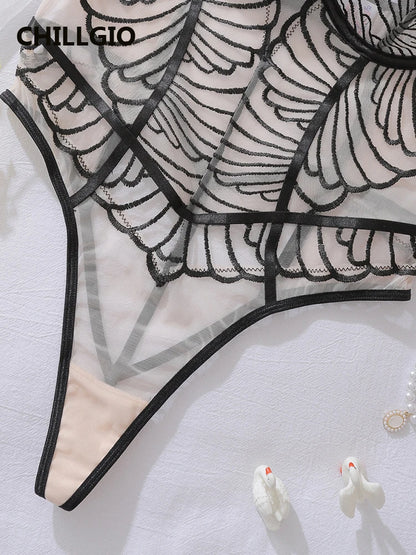 CHILLGIO Women Sexy Transparent Strappy Rompers Lingerie Lace Onesie Deep V Catsuits Ins Bodycon One Piece Combination Bodysuits