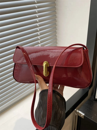 Fashion ladies shiny crossbody bag stylish elegant shoulder bag wine red small underarm bag versatile solid color clutch bag