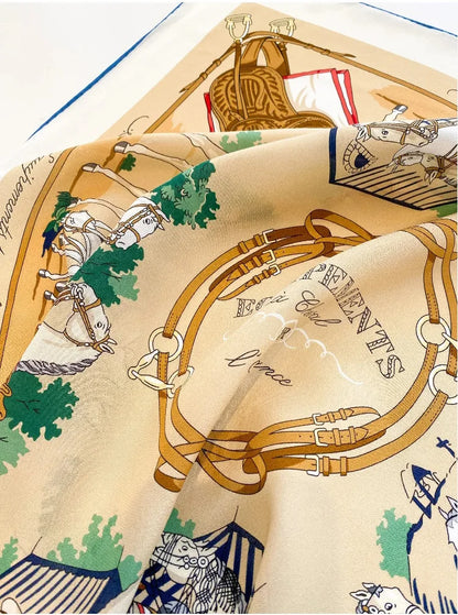 100% Mulberry Silk Square Scarf Vintage Equestrian Horse Saddle Print Bandana Unisex Neck Head Wrap Office Travel Holiday Gift