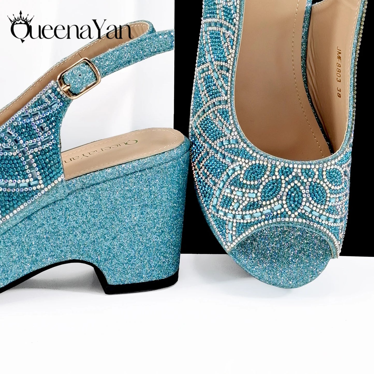 Queena Yan Sky Blue Elegant Nigerian Rhinestone Wedding Shoe and Bag Set Italian Inspired High Heels and Matching Handbag