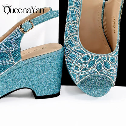 Queena Yan Sky Blue Elegant Nigerian Rhinestone Wedding Shoe and Bag Set Italian Inspired High Heels and Matching Handbag