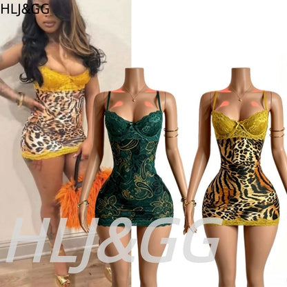 HLJ&GG Sexy Leopard Print Lace Spaghetti Strap Bodycon Mini Dresses Women Sleeveless Backless Slim Vestidos Summer New Clothing