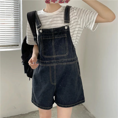 Women's Denim Overalls Short Trousers Wide Leg Loose Fit Thin Jumpsuit Korean Style for Petite Ladies Casual Clothing