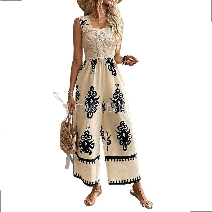 Jumpsuit Jumpsuits Print Smocked Waist Wide Strap Spring Summer Playsuit Overall