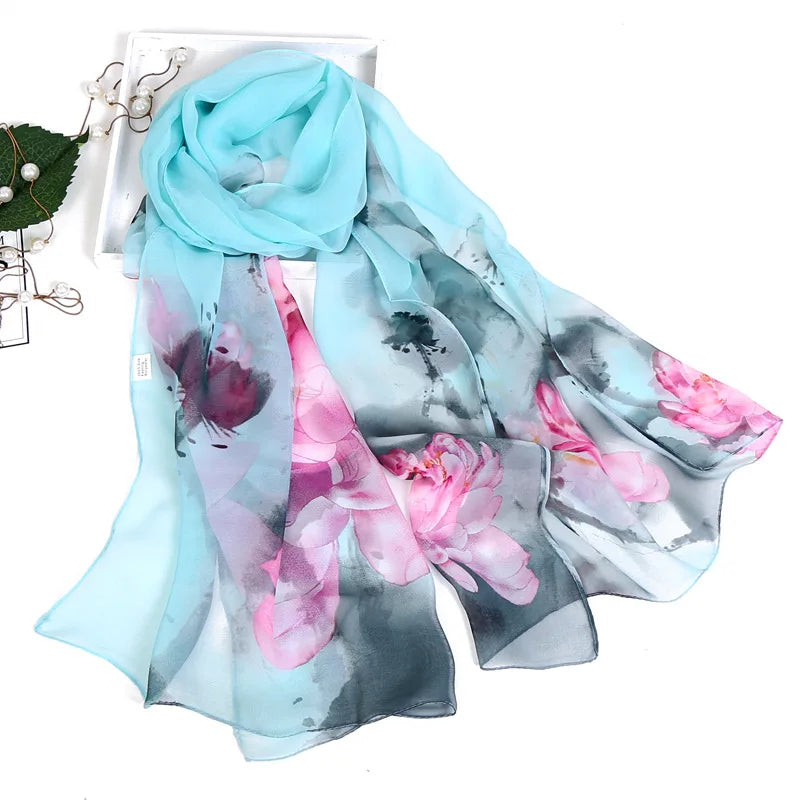 Ink Painting Lotus Summer Beach Sun Protection Chiffon Georgette Scarf Women Foulard Shawl Bandana Elegant Thin Breathable